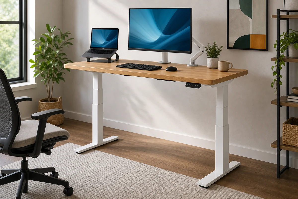 Uplift V2 Standing Desk with wood top and white frame in a bright home office