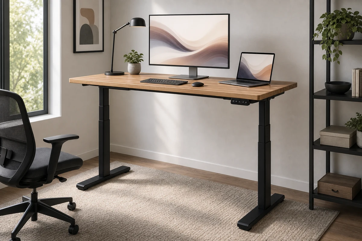 FlexiSpot E7 Pro standing desk with wood top and black frame in a bright home office