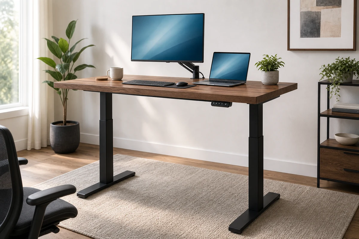 Vari Electric Standing Desk with wood top and black T-style legs in a bright home office