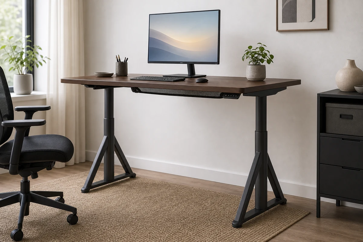 IKEA Idasen sit stand desk with angled trestle legs in a bright home office
