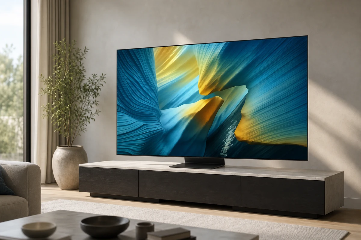 Samsung S95F OLED TV on a media console in a bright living room