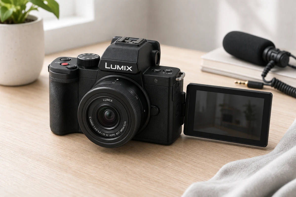 Panasonic Lumix G100D vlogging camera on a bright creator desk