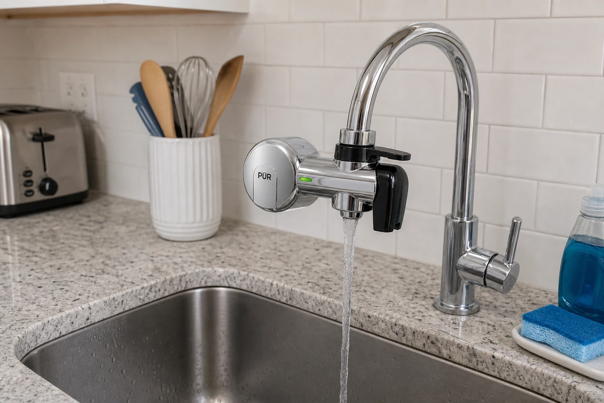 PUR PLUS faucet mount water filter installed on a kitchen faucet
