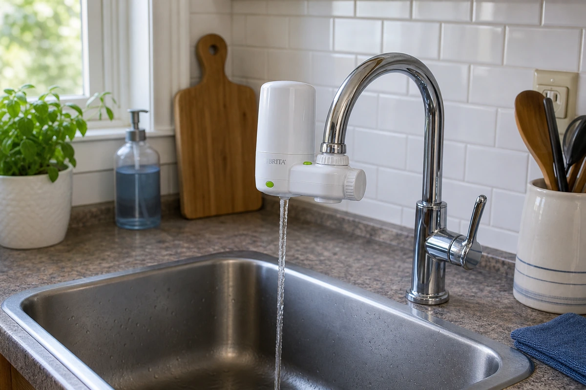 Brita faucet mount water filter system installed on a kitchen faucet