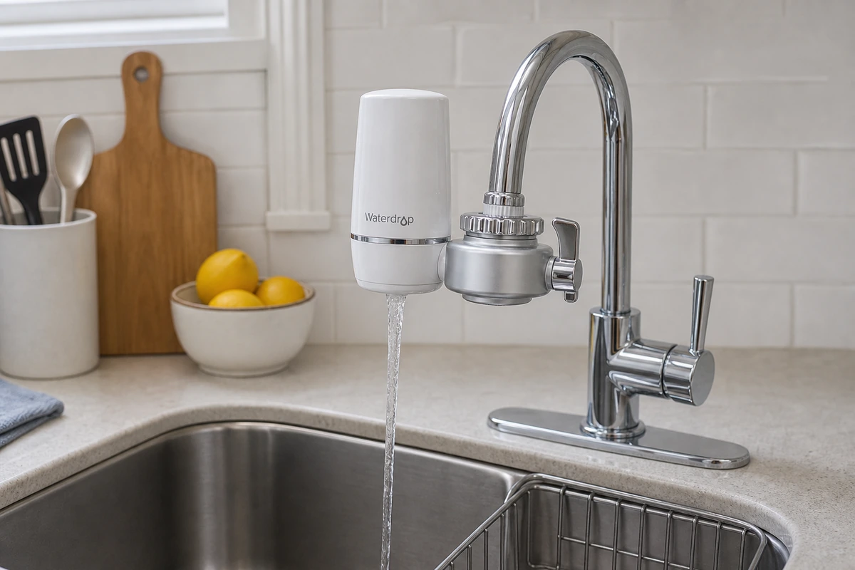 Waterdrop faucet filter installed on a kitchen faucet