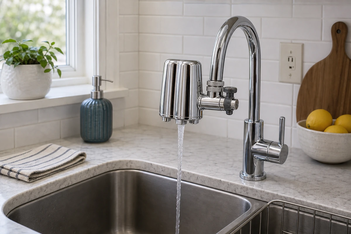 Culligan FM-25 chrome faucet mount water filter installed on a kitchen faucet