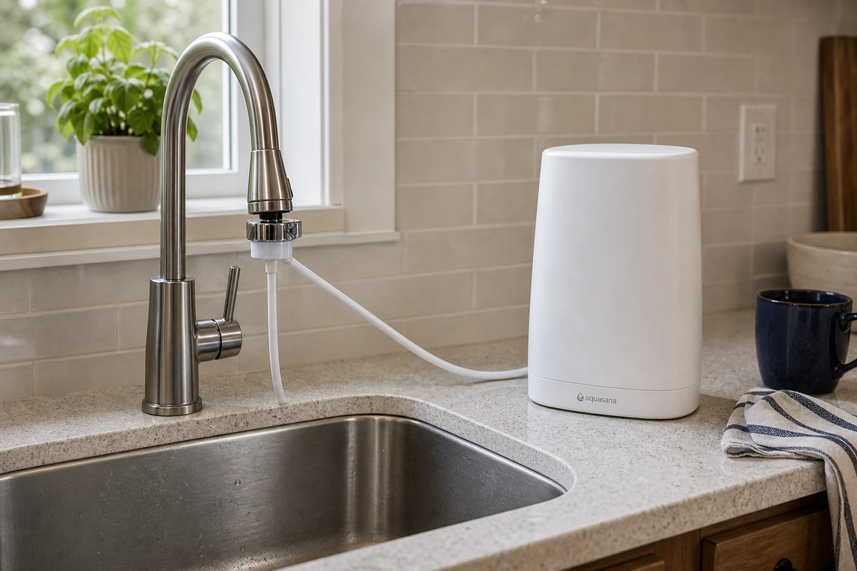 Aquasana countertop water filter connected to a kitchen faucet