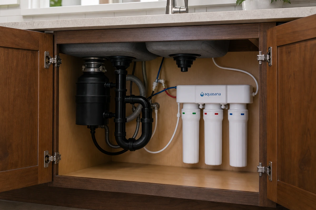 Aquasana Claryum 3-stage under-sink water filter installed in a cabinet