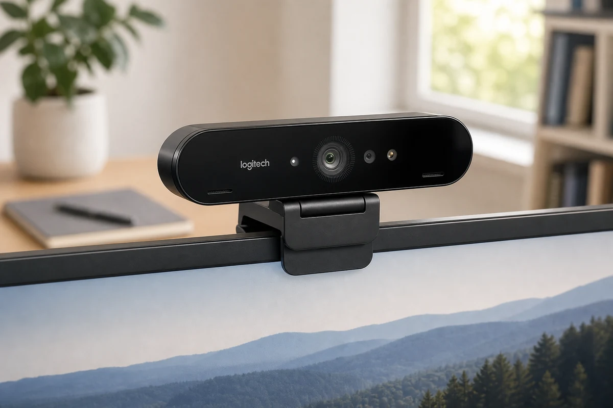 Logitech Brio 4K webcam on a monitor in a bright office setup
