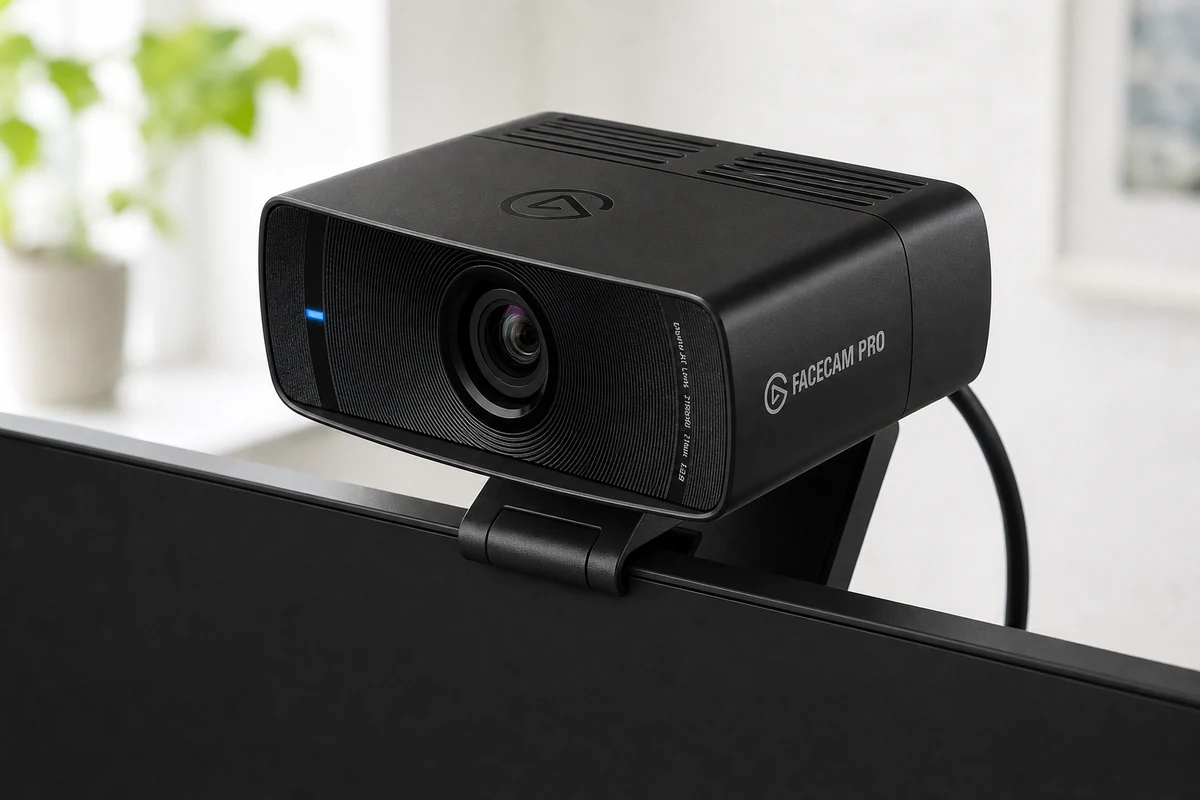 Elgato Facecam Pro webcam on a monitor in a bright creator desk setup