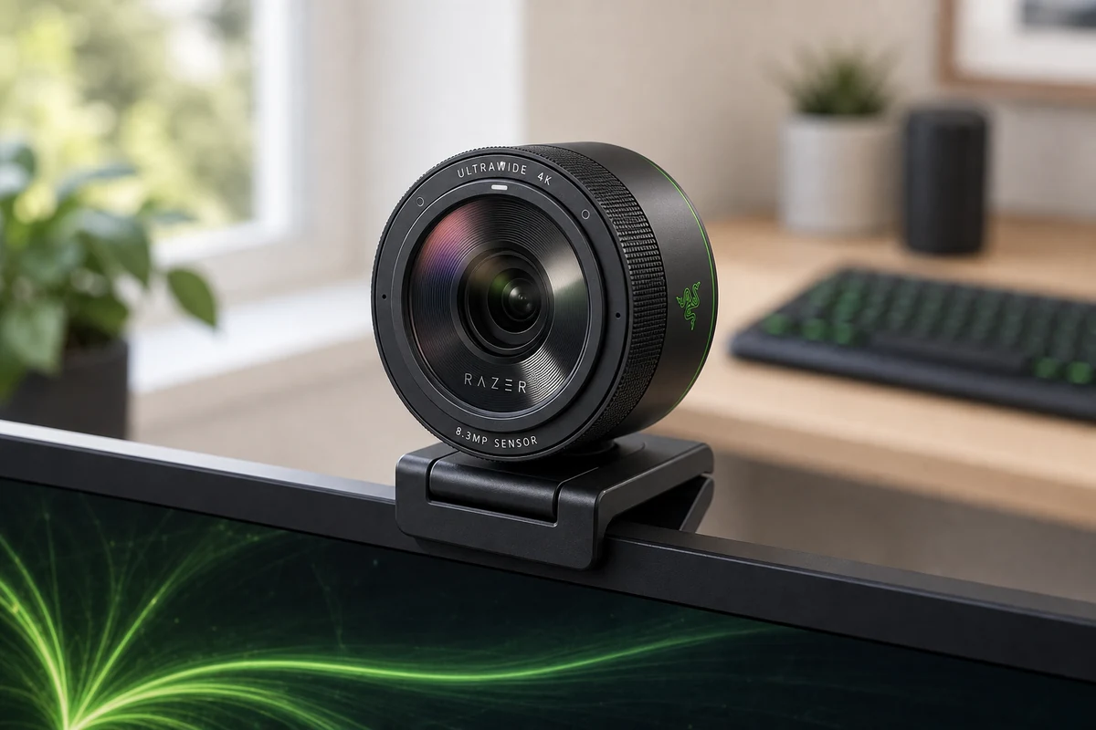 Razer Kiyo Pro Ultra webcam on a monitor in a bright home office