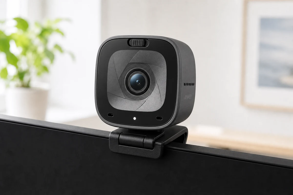 Anker PowerConf C200 webcam on a monitor in a bright home office