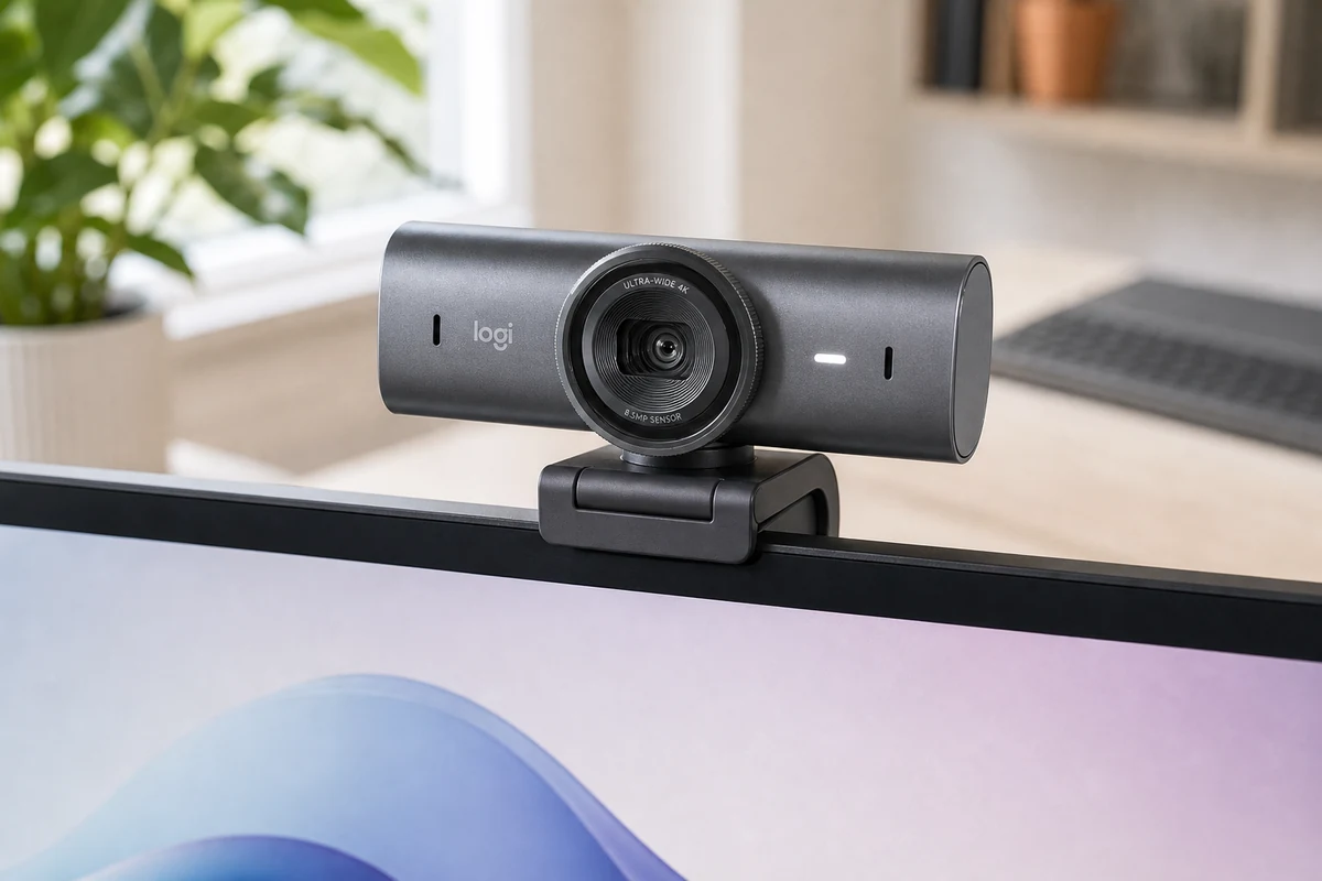 Logitech MX Brio webcam on a monitor in a bright home office