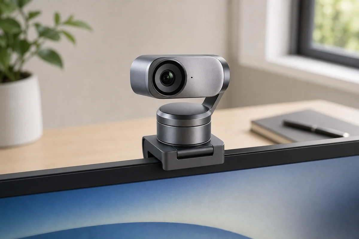 Insta360 Link 2 gimbal webcam on a monitor in a bright home office