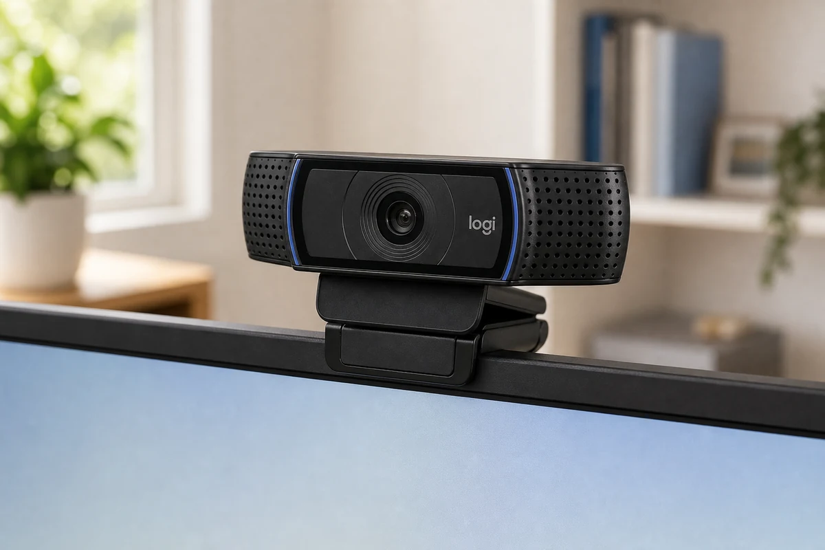 Logitech C920x webcam on a monitor in a bright home office
