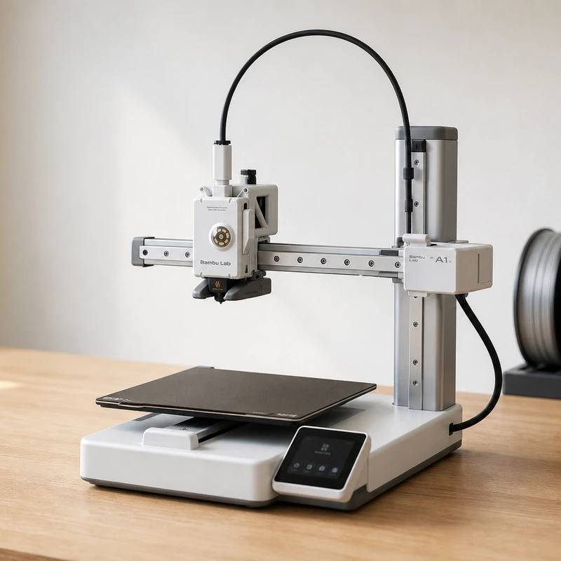 Bambu Lab A1 Mini compact 3D printer on a bright maker desk