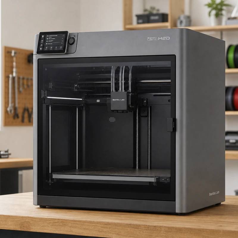 Bambu Lab H2D enclosed 3D printer on a bright maker desk