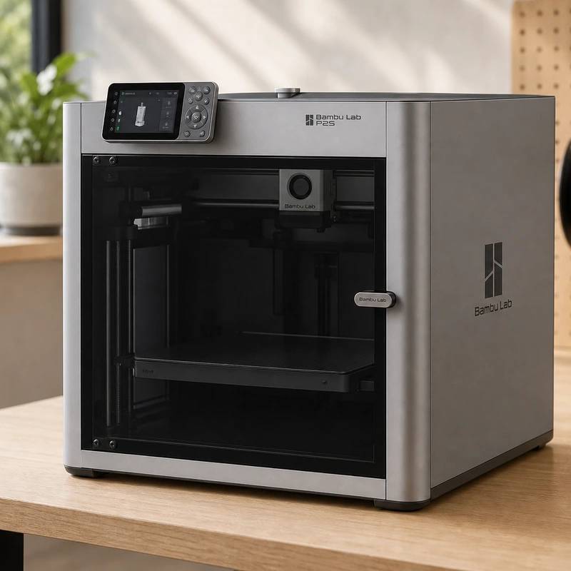 Bambu Lab P2S enclosed 3D printer on a bright maker desk