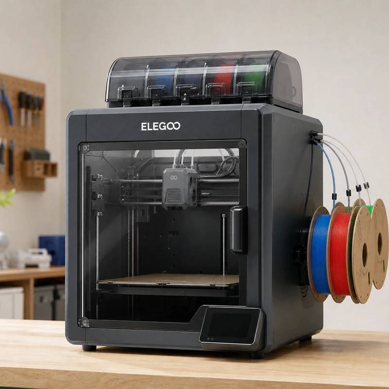 Elegoo Centauri Carbon 2 Combo enclosed 3D printer on a bright maker desk
