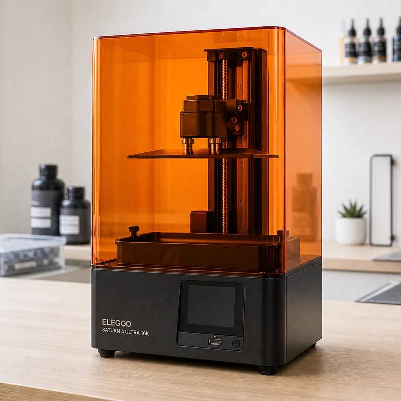 Elegoo Saturn 4 Ultra 16K resin 3D printer on a bright maker desk