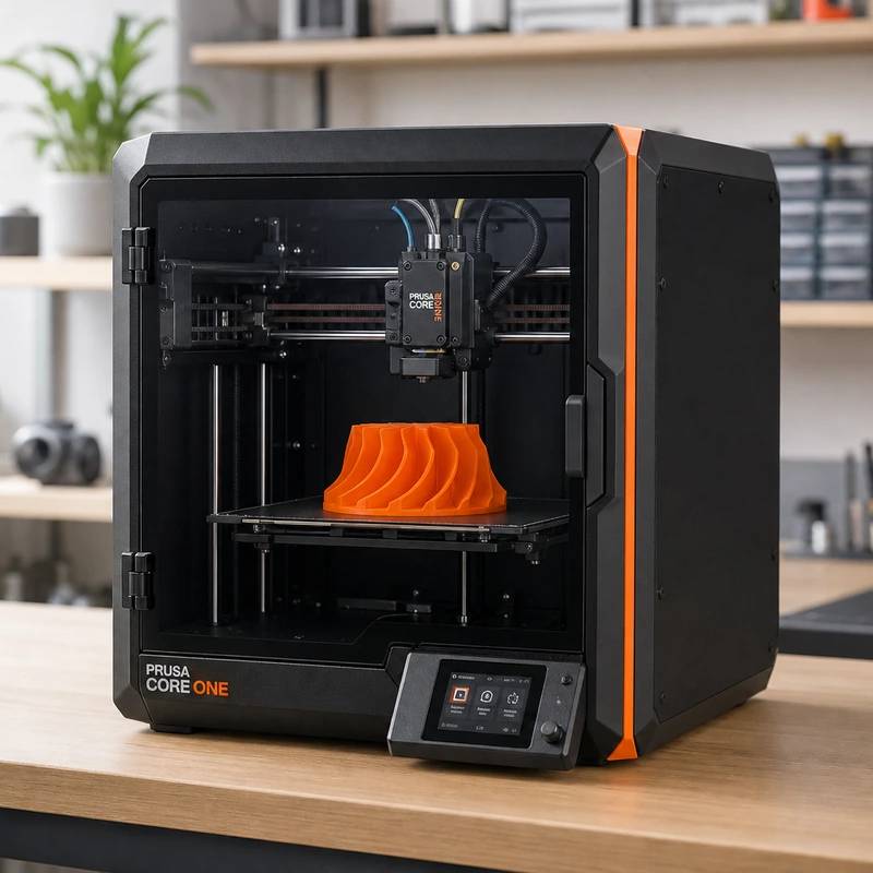 Prusa CORE One enclosed 3D printer on a bright maker desk