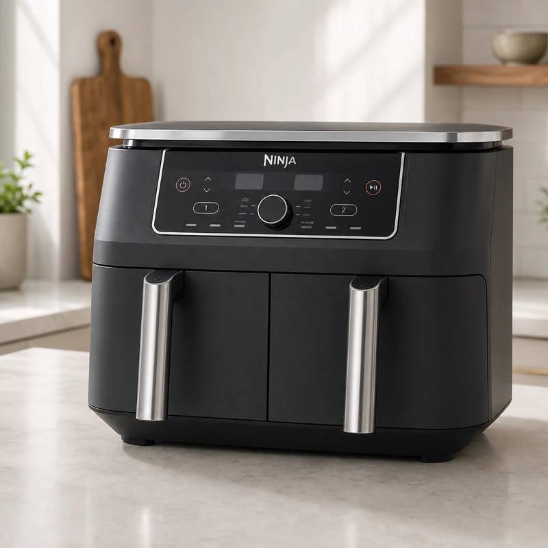 Ninja Foodi DualZone two-basket air fryer on a bright kitchen counter
