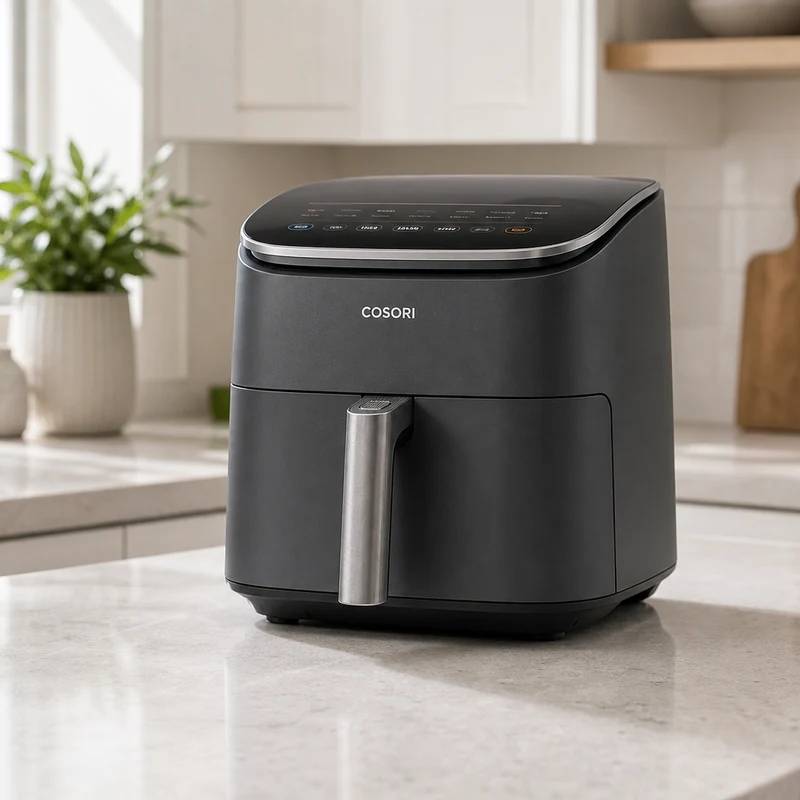 Cosori TurboBlaze compact air fryer on a bright kitchen counter