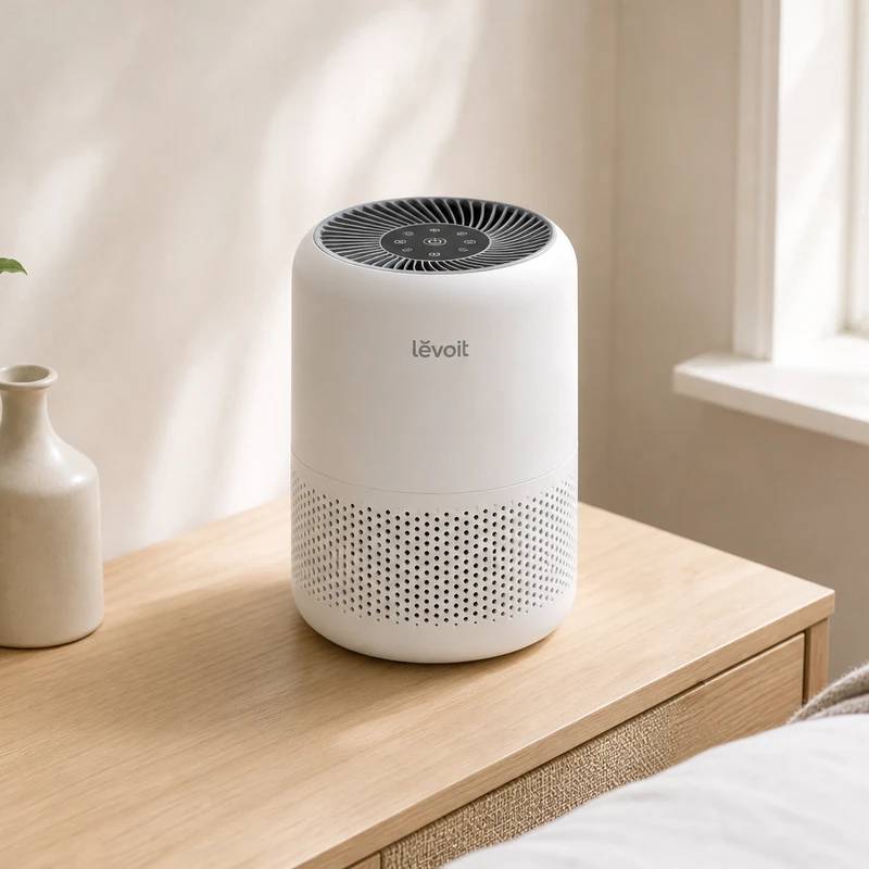 Palm-sized Levoit Core Mini purifier sitting on a desk beside a workspace in a bright room