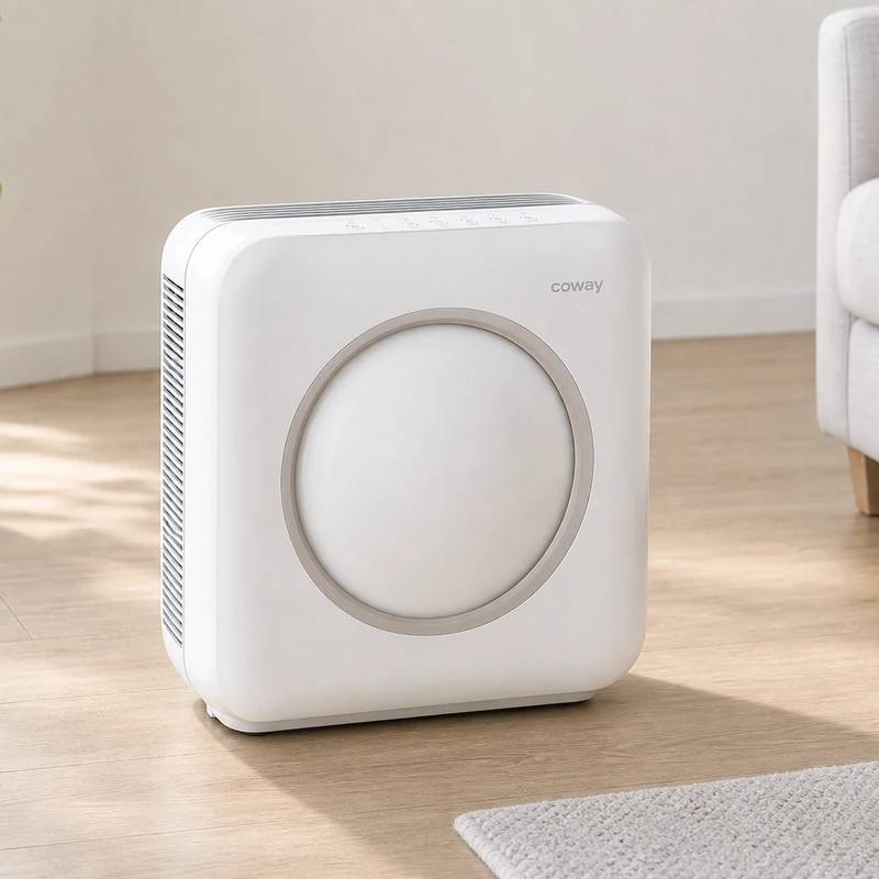 White Coway Airmega AP-1512HH with its round front air-quality indicator, running in a bright living room