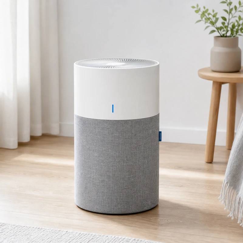 Blueair Blue Pure 311 Auto with its gray fabric pre-filter base and white top panel in a sunlit bedroom