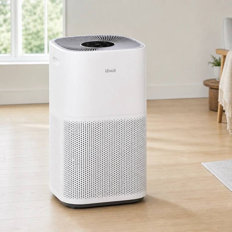 Levoit Core 600S, a tall white cylinder with top display panel, clearing the air in a large open-plan living space