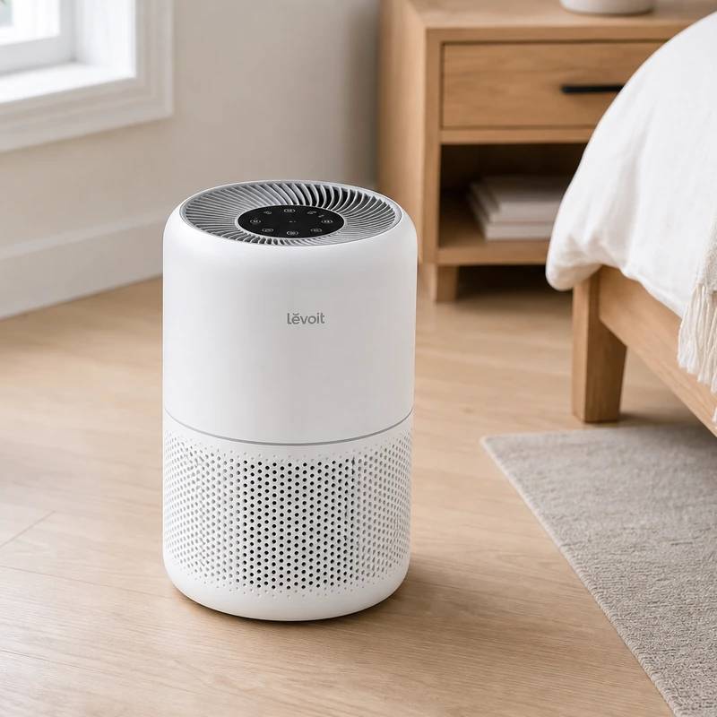 Compact white Levoit Core 300S smart purifier with PM2.5 display on a bedroom side table