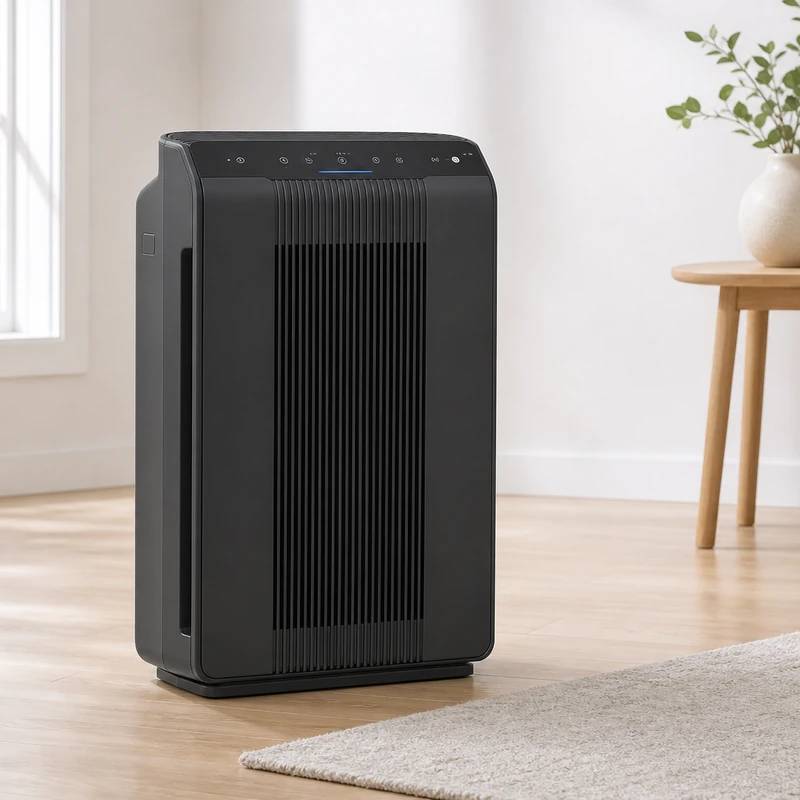 Dark gray Winix 5510 tower purifier with top controls in a bright pet-friendly living room