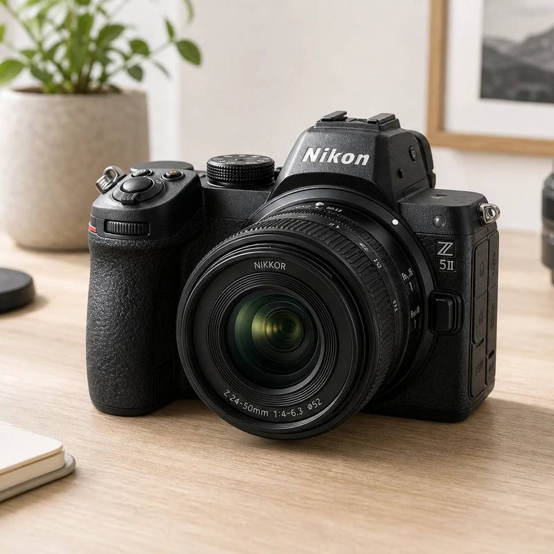Nikon Z5 II full-frame mirrorless camera resting on a bright creative desk