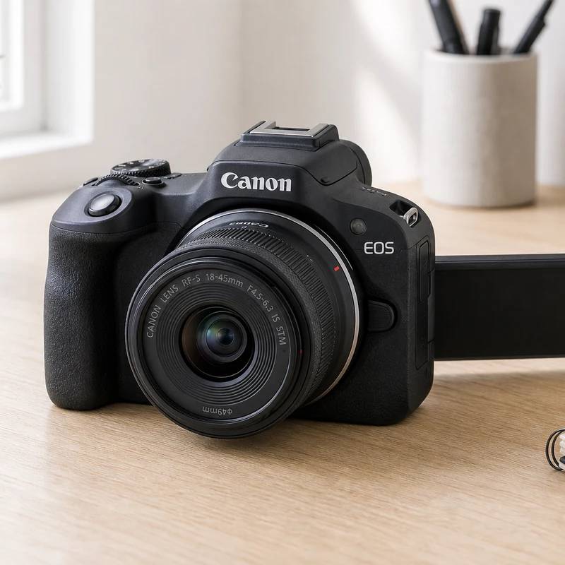 Canon EOS R50, a small beginner-friendly mirrorless camera, set up in a bright home studio