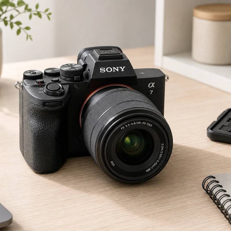 Sony A7 IV hybrid full-frame mirrorless camera on a creator's desk in bright daylight