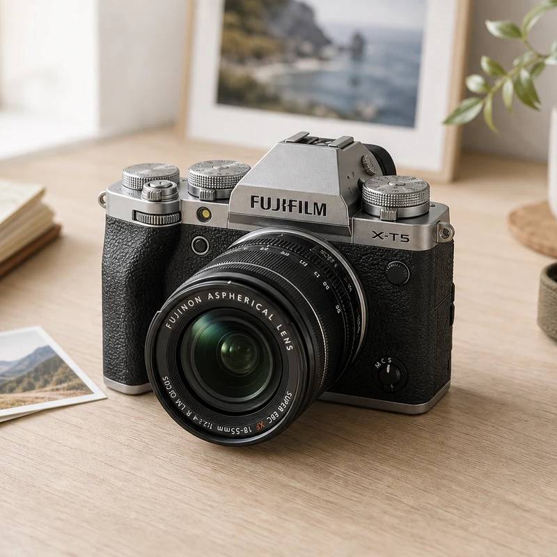 Fujifilm X-T5 with its retro top-plate dials on a bright creative desk