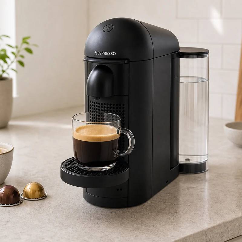 Nespresso VertuoPlus coffee maker in a bright kitchen interior