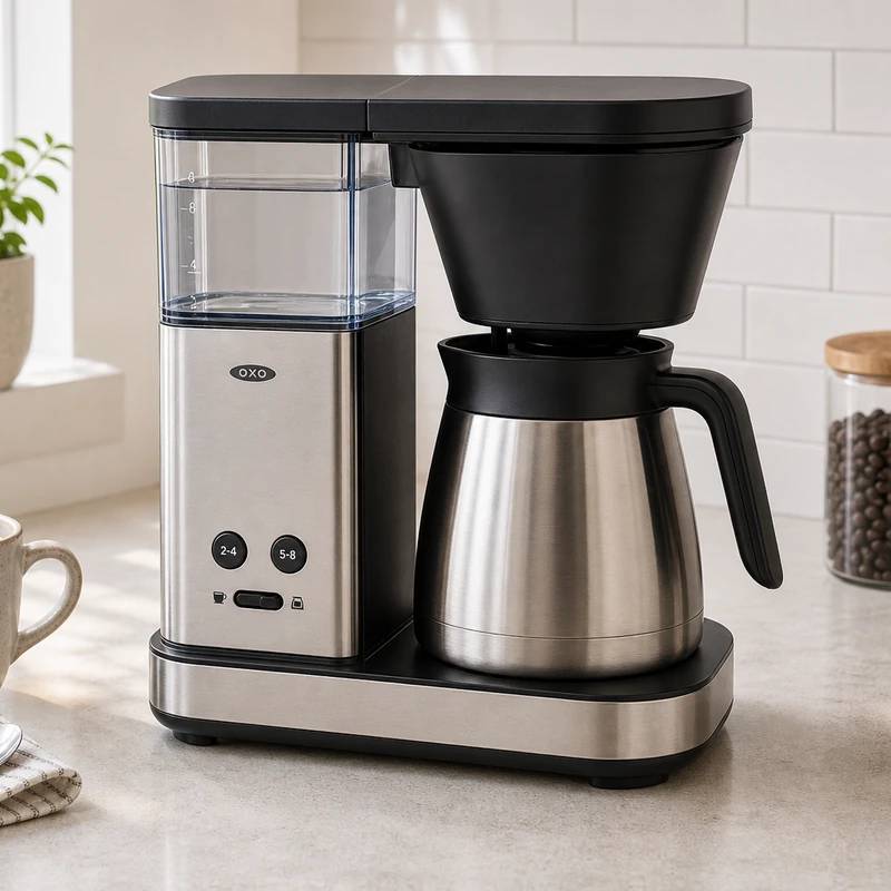 OXO Brew 8-Cup coffee maker in a bright kitchen interior