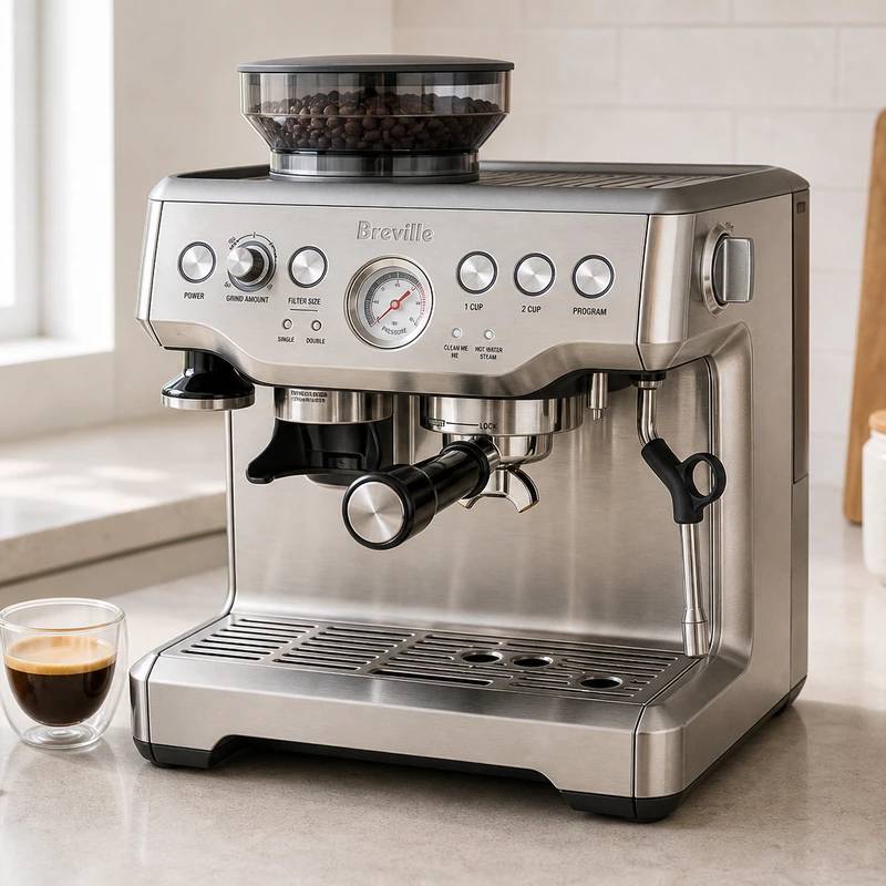 Breville Barista Express espresso machine in a bright kitchen interior