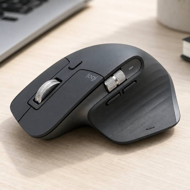 Logitech MX Master 3S wireless mouse in a bright desk setup