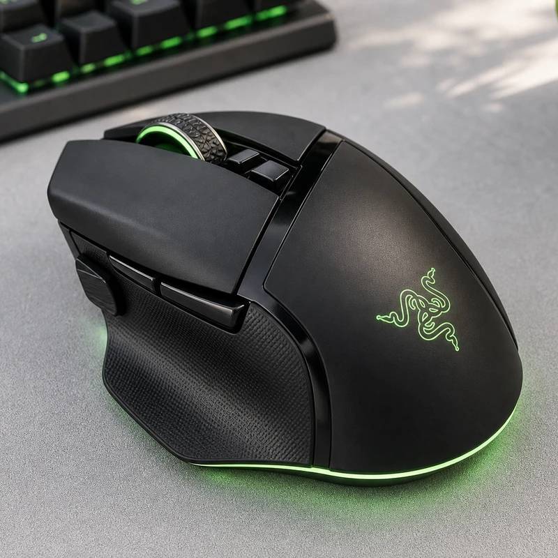 Razer Basilisk V3 Pro wireless gaming mouse in a bright desk setup