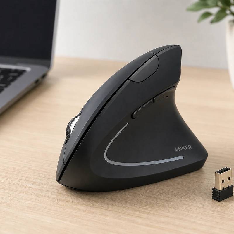 Anker 2.4G Vertical Ergonomic Mouse in a bright desk setup