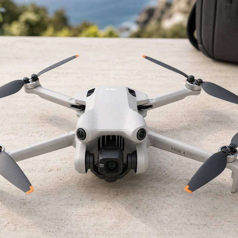 DJI Mini 4 Pro drone in a bright outdoor setup
