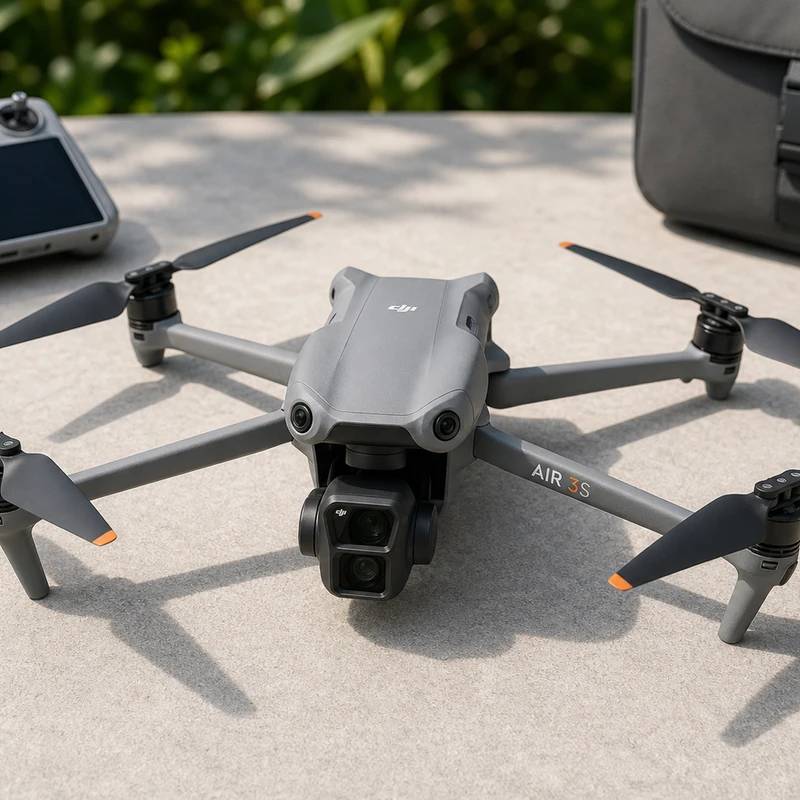 DJI Air 3S drone in a bright outdoor setup