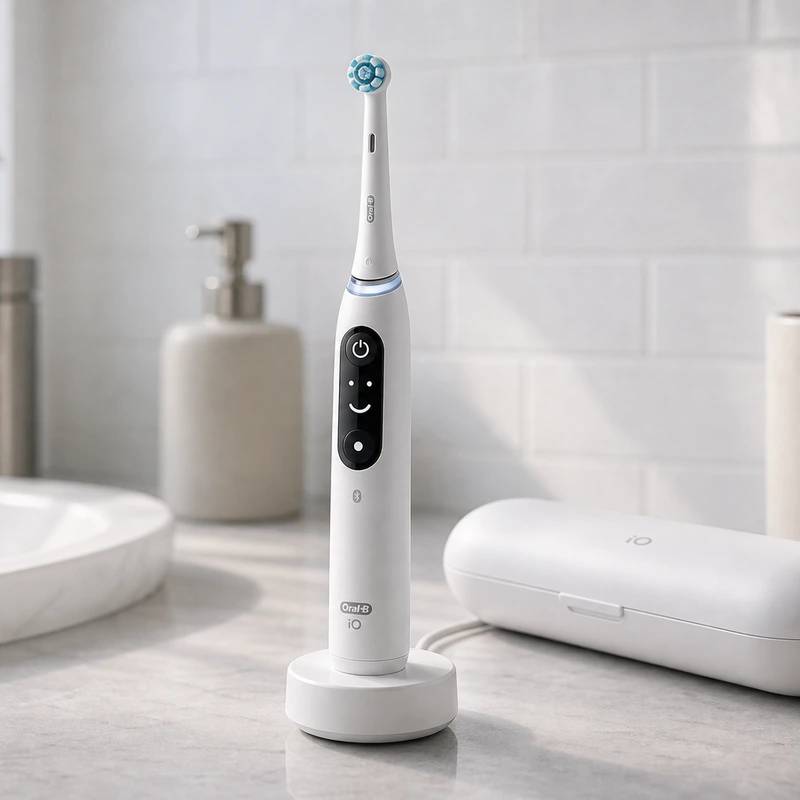Oral-B iO Series 9 electric toothbrush on a bright bathroom counter