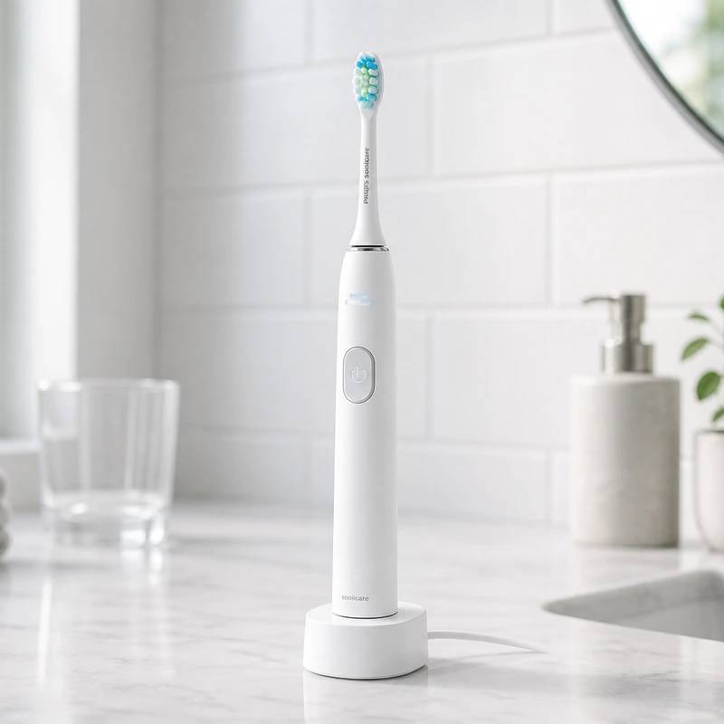 Philips Sonicare 4100 electric toothbrush on a bright bathroom counter