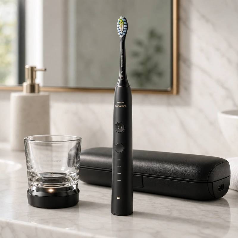 Philips Sonicare DiamondClean 9000 electric toothbrush with travel case on a bright bathroom counter
