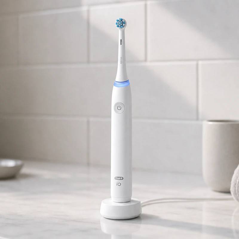 Oral-B iO Series 3 electric toothbrush on a bright bathroom counter