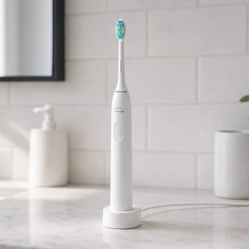 Philips Sonicare 1100 electric toothbrush on a bright bathroom counter